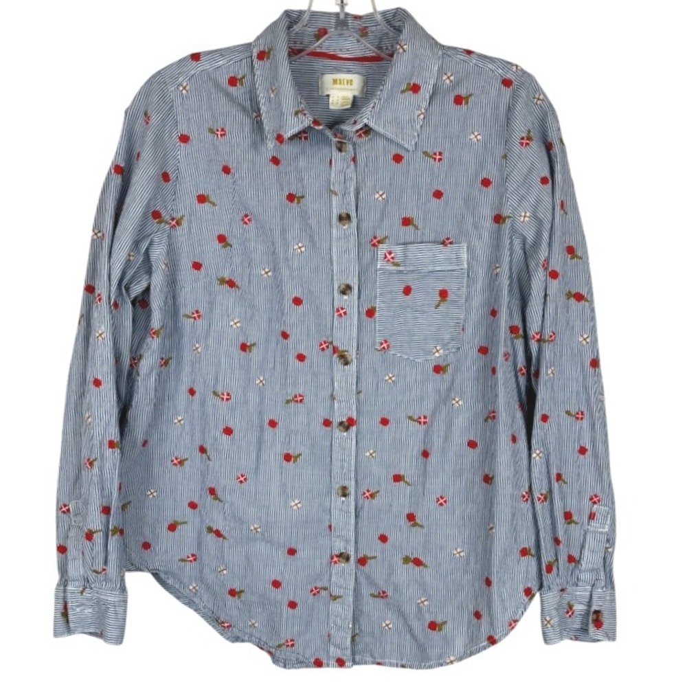 Maeve Blue Striped Button-Down Shirt with Red Floral Embroidery